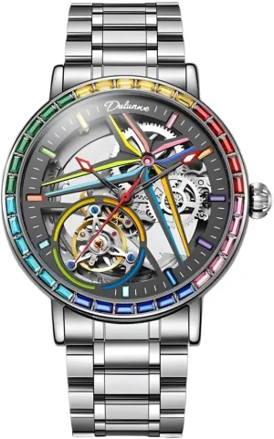 Men's Automatic Mechanical Watch Sports Style Double-Sided Hollow Design Luminous Pointer Stainless Steel Strap