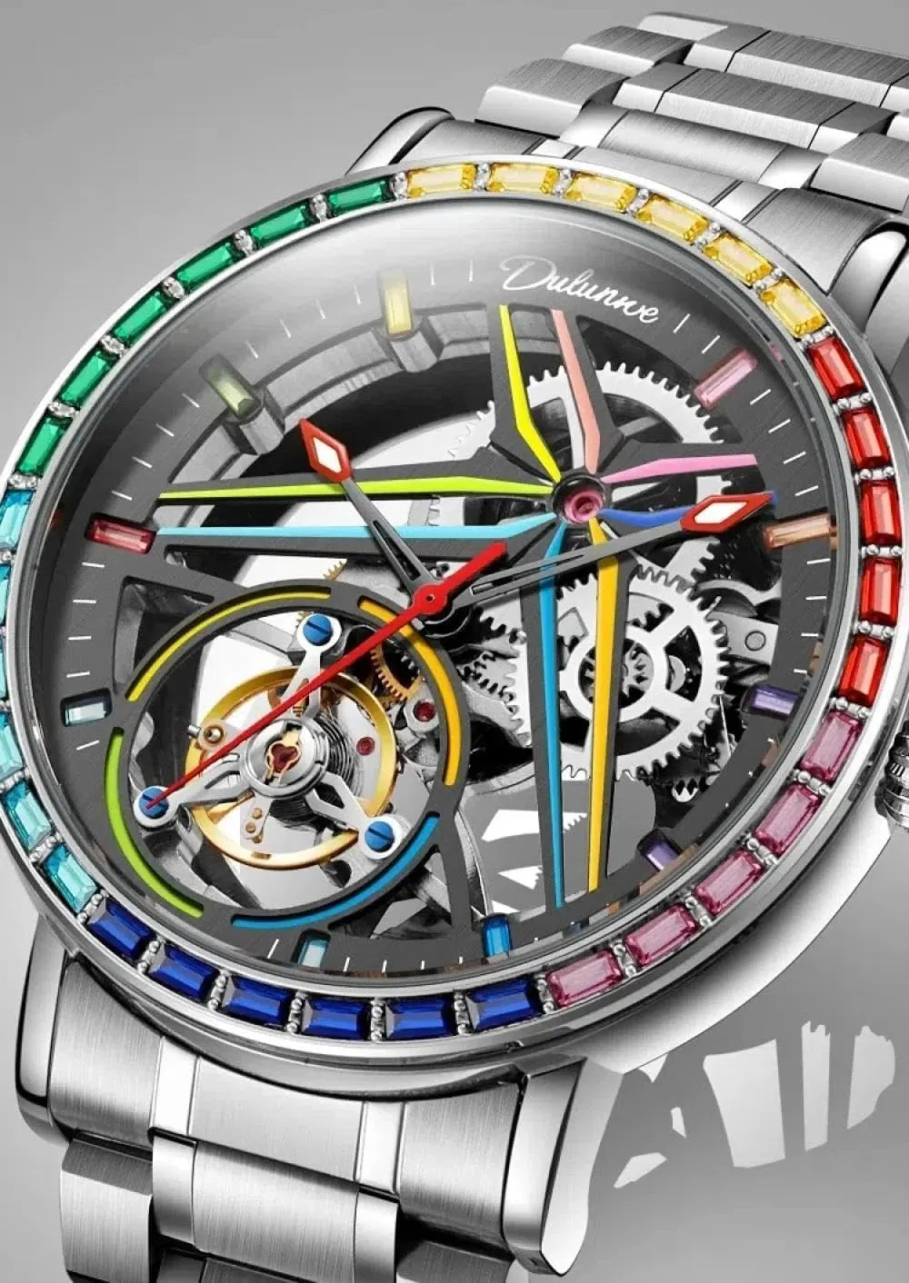 Men's Automatic Mechanical Watch Sports Style Double-Sided Hollow Design Luminous Pointer Stainless Steel Strap