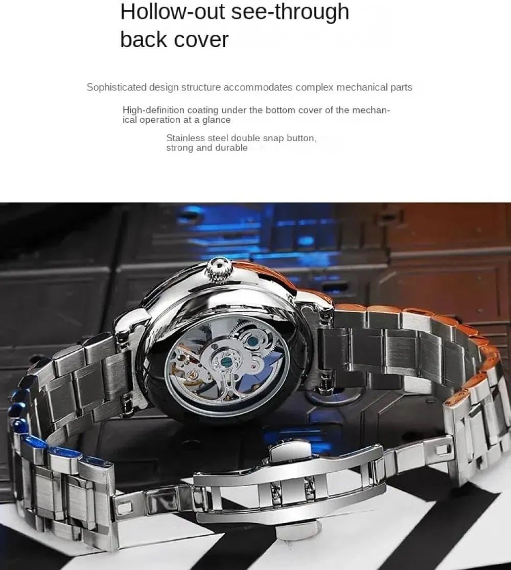 Men's Automatic Mechanical Watch Sports Style Double-Sided Hollow Design Luminous Pointer Stainless Steel Strap