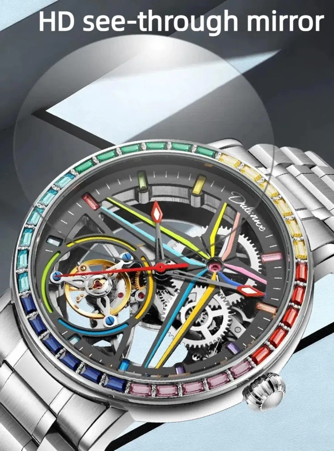 Men's Automatic Mechanical Watch Sports Style Double-Sided Hollow Design Luminous Pointer Stainless Steel Strap