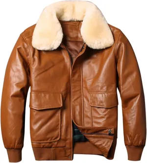 Men’s Black Genuine Sheepskin A2 Aviator Bomber Leather Jacket with Faux Fur Collar