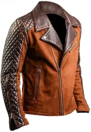 Men’s Brown Vintage Style Cafe Race Brando Quilted Motorcycle Leather Coat Classic Zip-Up Genuine Suede Biker Leather Jacket