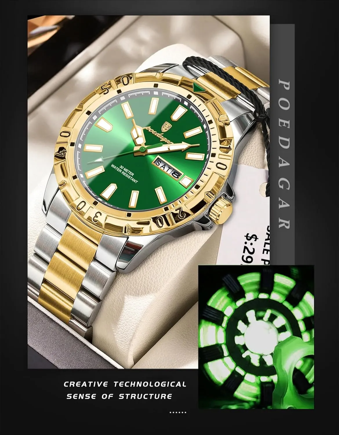 Men's Business Watches Waterproof Luminous Date Week Stainless Steel Casual Quartz Luxury Casual Men Watch