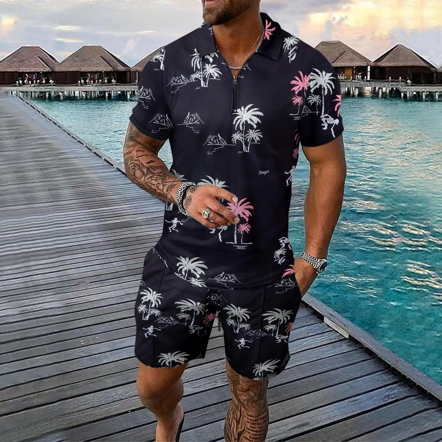 Mens Gym Sets 2 Piece Outfits Hawaiian Outfits For Men Workout Short Sleeve Zip Polo Sweatsuit For Men Mens Romper