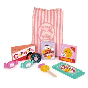 Mentari Toys - Candy Shop Bag - 9pc Wooden Play Candy Set with Bag - Pretend Play Market Accessories - Encourage Role Play and Develop Social Skills - Gift for Toddlers - Age 3 