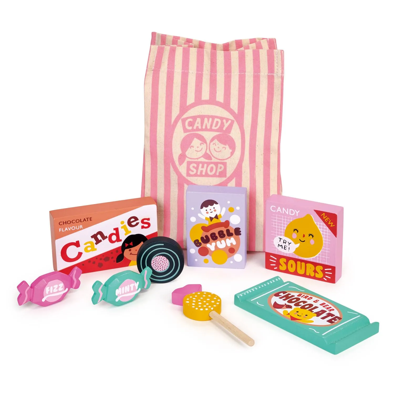Mentari Toys - Candy Shop Bag - 9pc Wooden Play Candy Set with Bag - Pretend Play Market Accessories - Encourage Role Play and Develop Social Skills - Gift for Toddlers - Age 3 