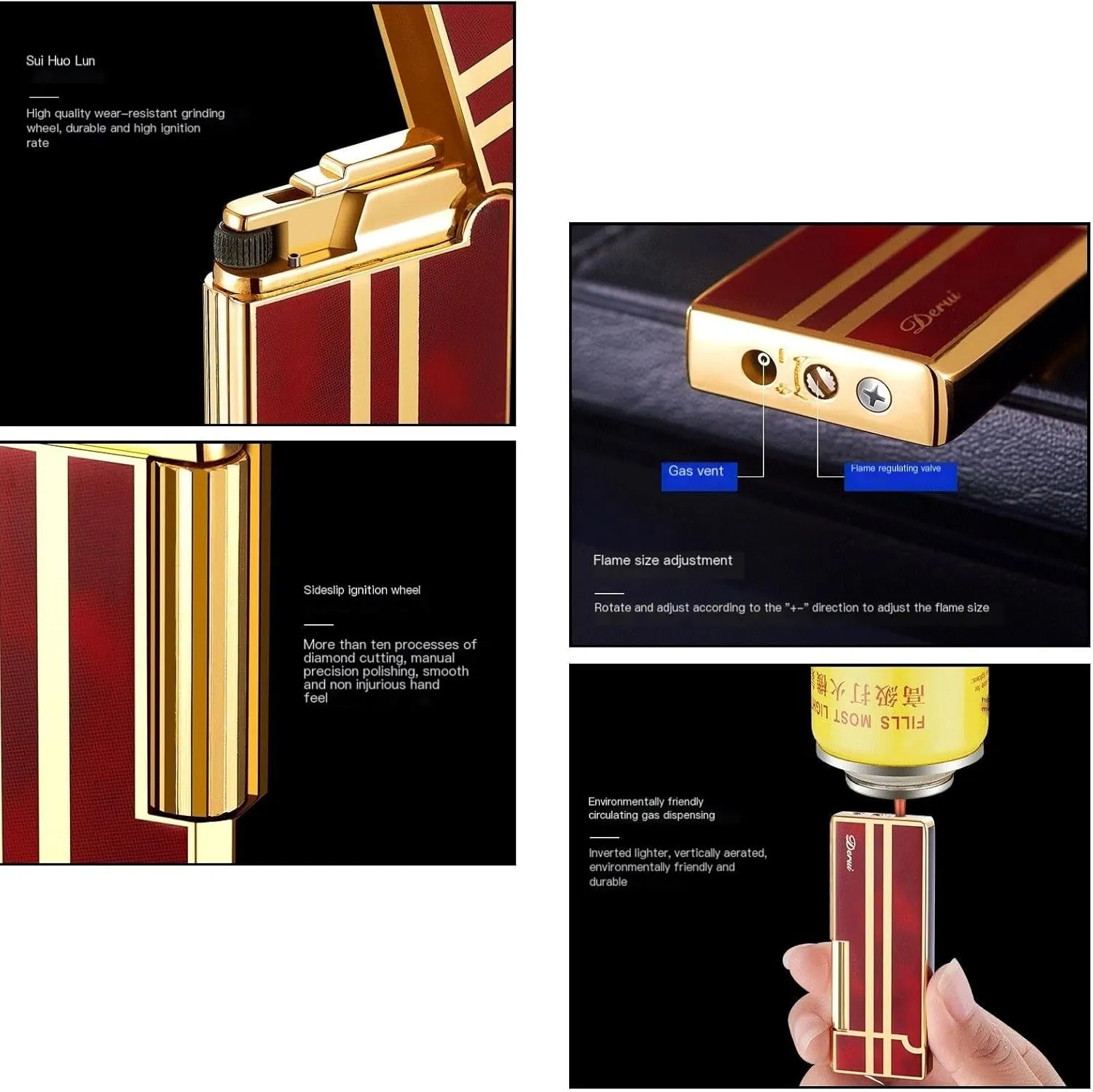 Metal Lighters with Gift Box ，Portable Lighter Side Slip Wheel Vertical Ignition Butane Inflatable Lighters for Cigarettes Cigars Candles (Color : Red)