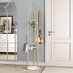 Metal Gold Coat Racks Freestanding, Coat Hanger Stand, Hall Tree Rack for Hanging Hats, Scarves, Bags, Modern Coat Rack with Double Shelves, Corner Coat Rack, 9 Hooks, Gold