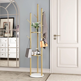 Metal Gold Coat Racks Freestanding, Coat Hanger Stand, Hall Tree Rack for Hanging Hats, Scarves, Bags, Modern Coat Rack with Double Shelves, Corner Coat Rack, 9 Hooks, Gold