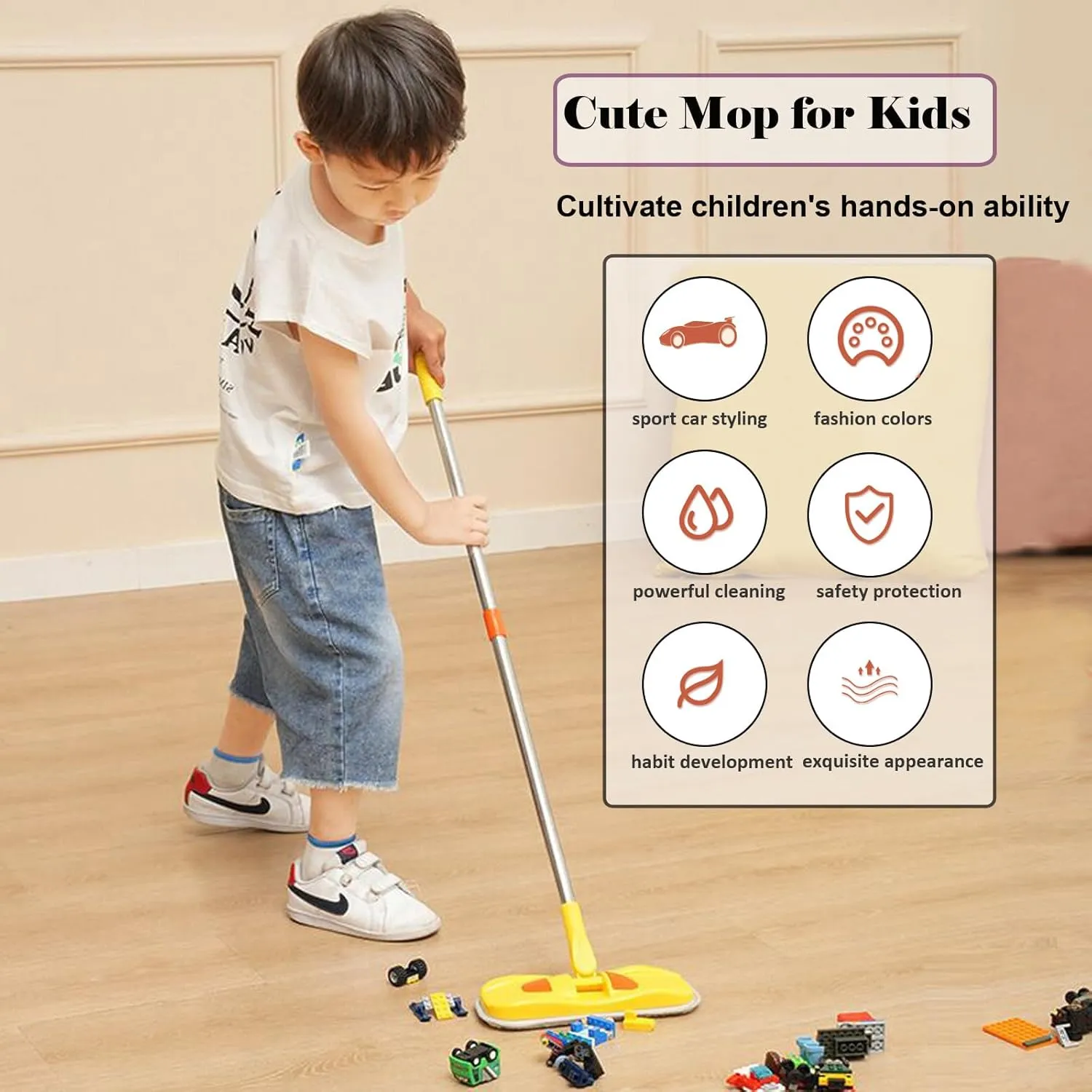 Mini Mop Small Mop for Kids Housekeeping Pretend Play Cleaning Toy Gift for Boys Girls (Pink)