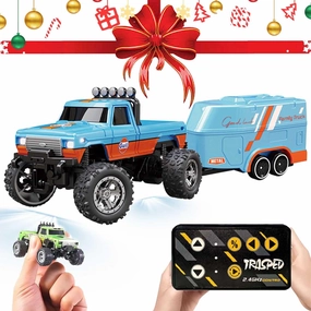 Mini Rc Monster Truck, Mini Rc Truck with Trailer, Mini Rc Car, Mini Rc Truck, Mini Monster Truck Remote Control Car, Rechargeable Mini Monster Truck 1/64 Alloy Scale with Lights(with Trailer,Blue #B)
