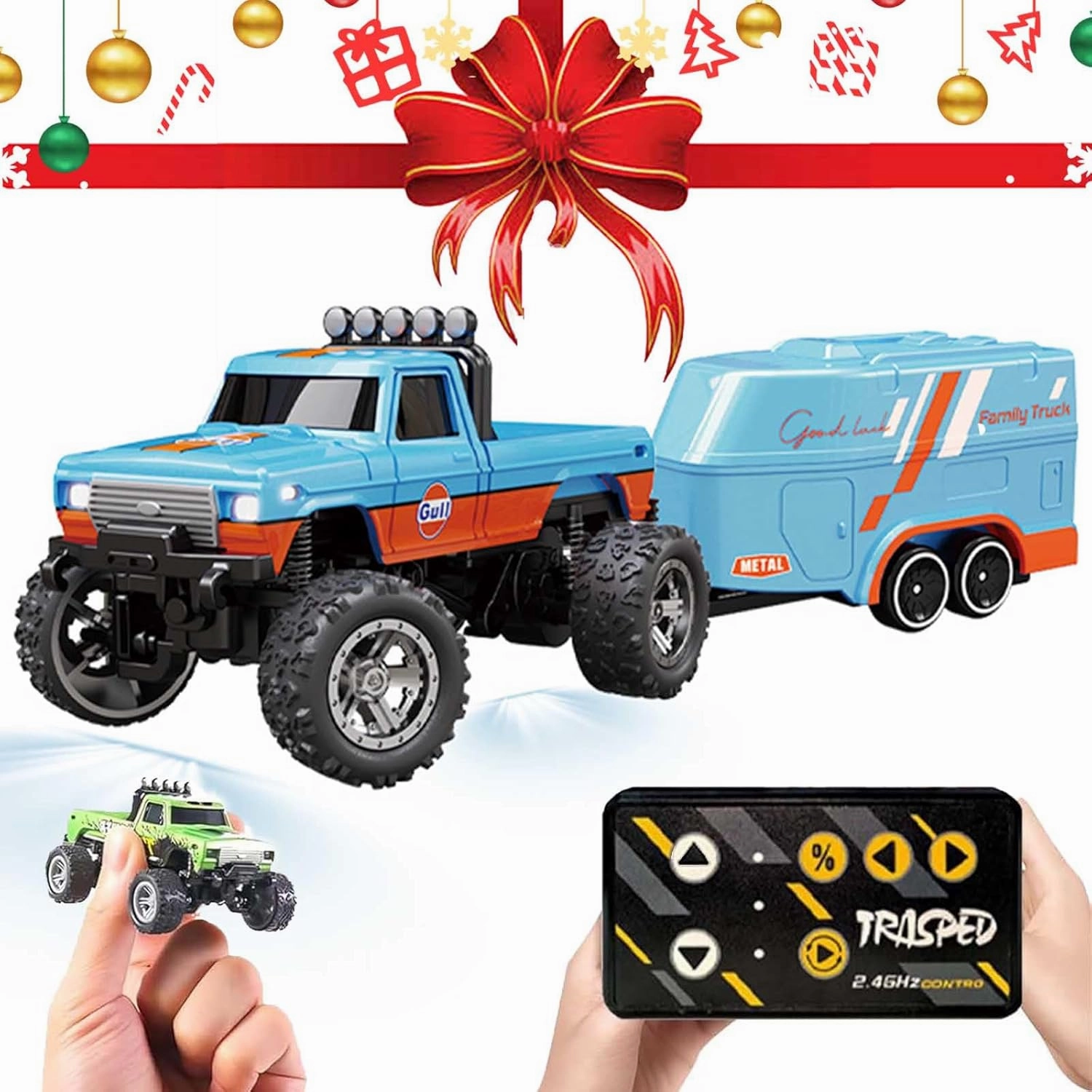 Mini Rc Monster Truck, Mini Rc Truck with Trailer, Mini Rc Car, Mini Rc Truck, Mini Monster Truck Remote Control Car, Rechargeable Mini Monster Truck 1/64 Alloy Scale with Lights(with Trailer,Blue #B)