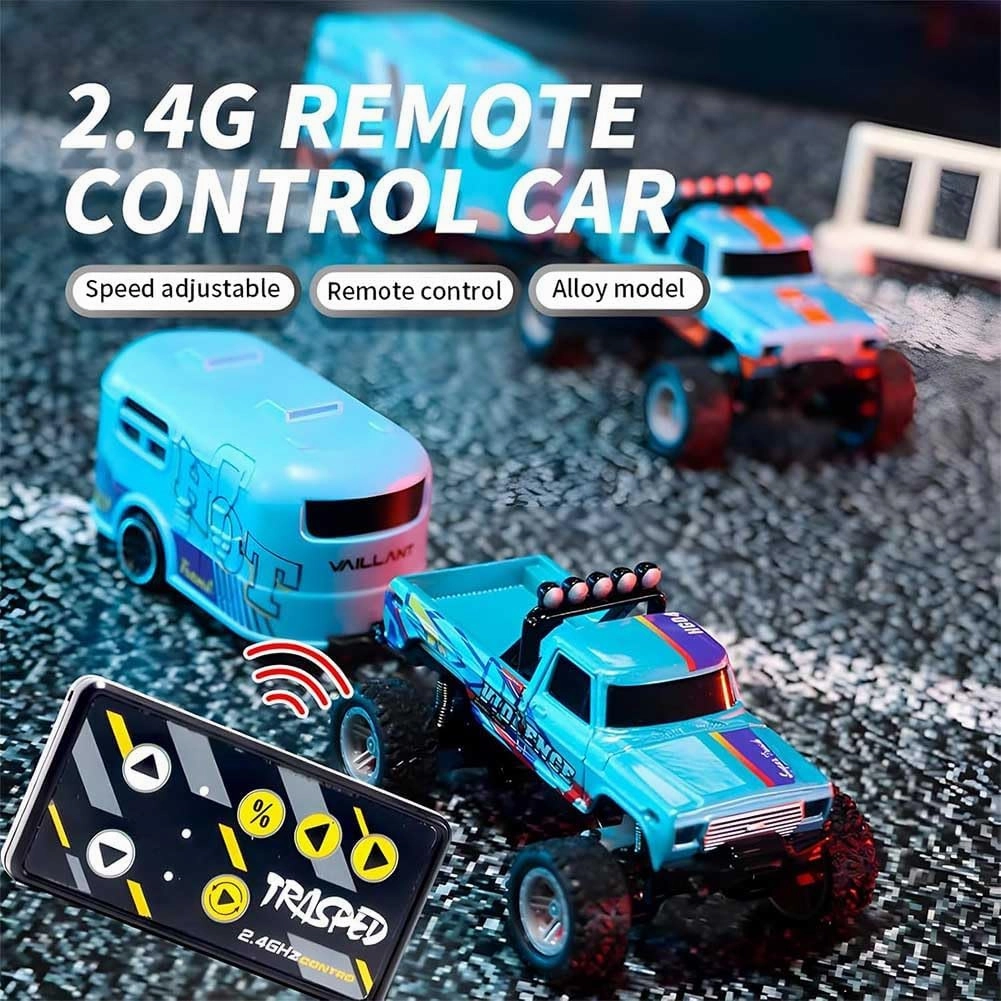 Mini Rc Monster Truck, Mini Rc Truck with Trailer, Mini Rc Car, Mini Rc Truck, Mini Monster Truck Remote Control Car, Rechargeable Mini Monster Truck 1/64 Alloy Scale with Lights(with Trailer,Blue #B)