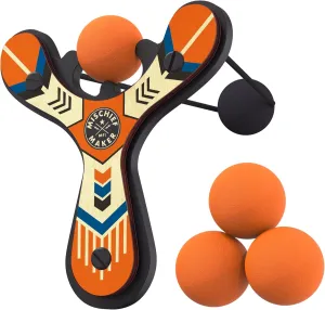 Mischief Maker® Wooden Slingshot - Classic Series - Real Wood Slingshot for Kids, 4 Soft Foam Balls and Storage Bag - Ages 4  (Orange)