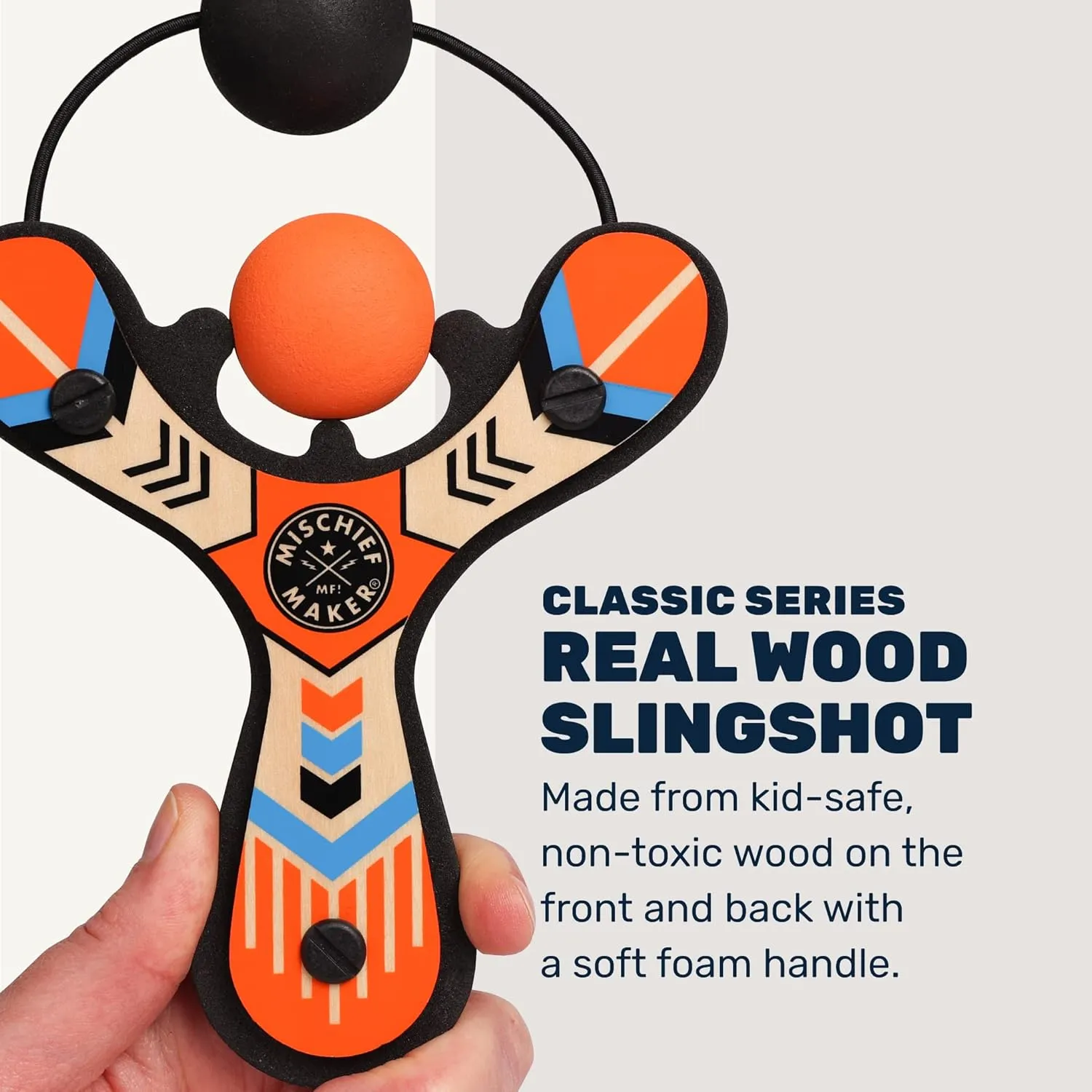 Mischief Maker® Wooden Slingshot - Classic Series - Real Wood Slingshot for Kids, 4 Soft Foam Balls and Storage Bag - Ages 4  (Orange)