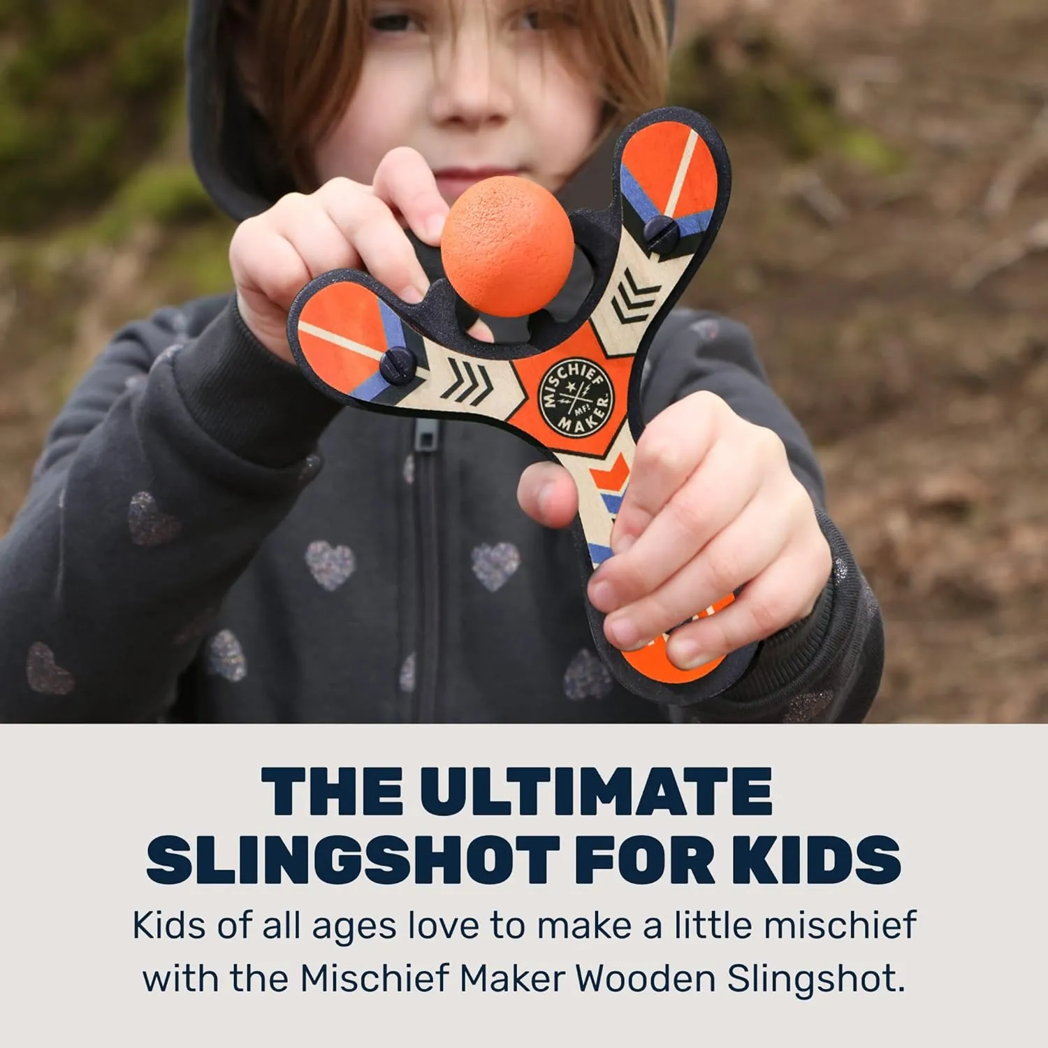 Mischief Maker® Wooden Slingshot - Classic Series - Real Wood Slingshot for Kids, 4 Soft Foam Balls and Storage Bag - Ages 4  (Orange)