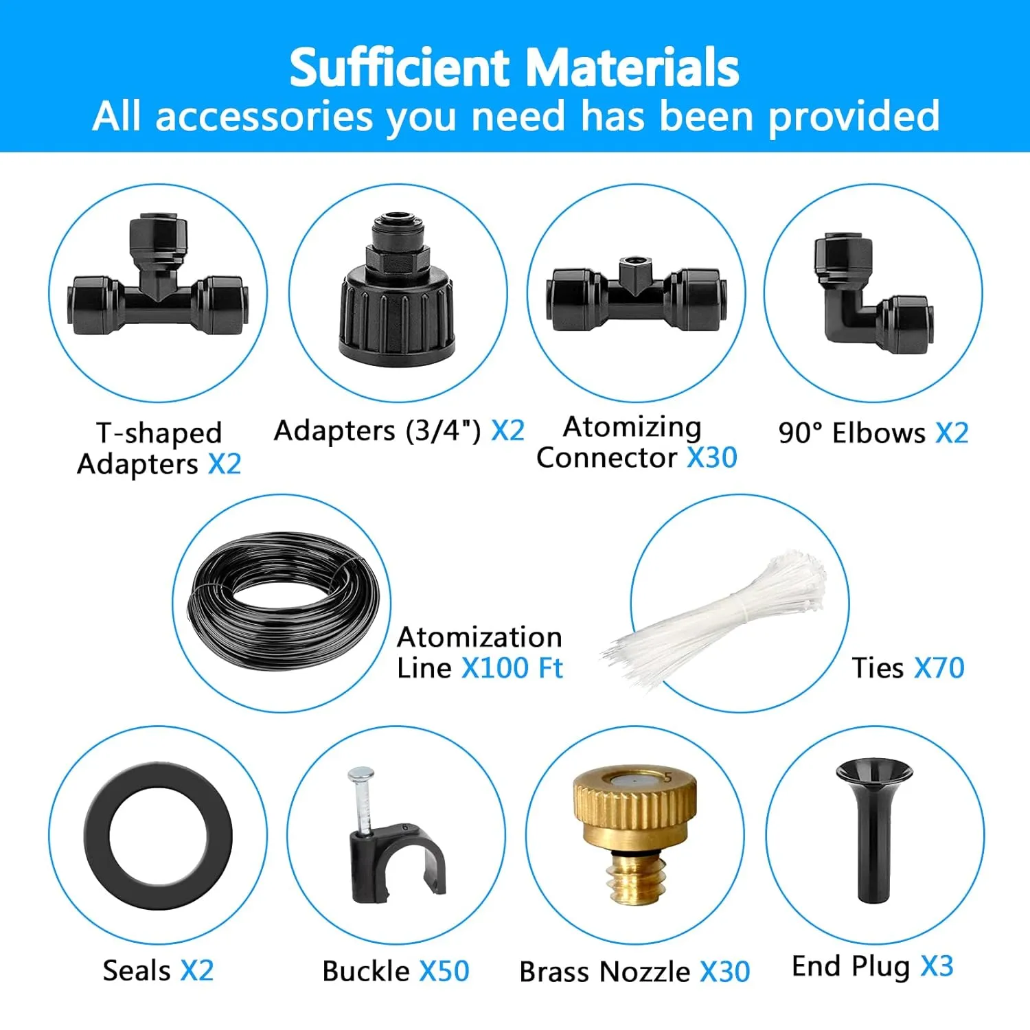 Misting Systems, Misters for Outside Patio, 100FT Misting Cooling System 30 Brass Mister System 2 PE Antioxidant Adapters 3/4" 2 Tee Adapters 2 90 Degree Elbows for Pasture, Garden, Greenhouse, Gazebo