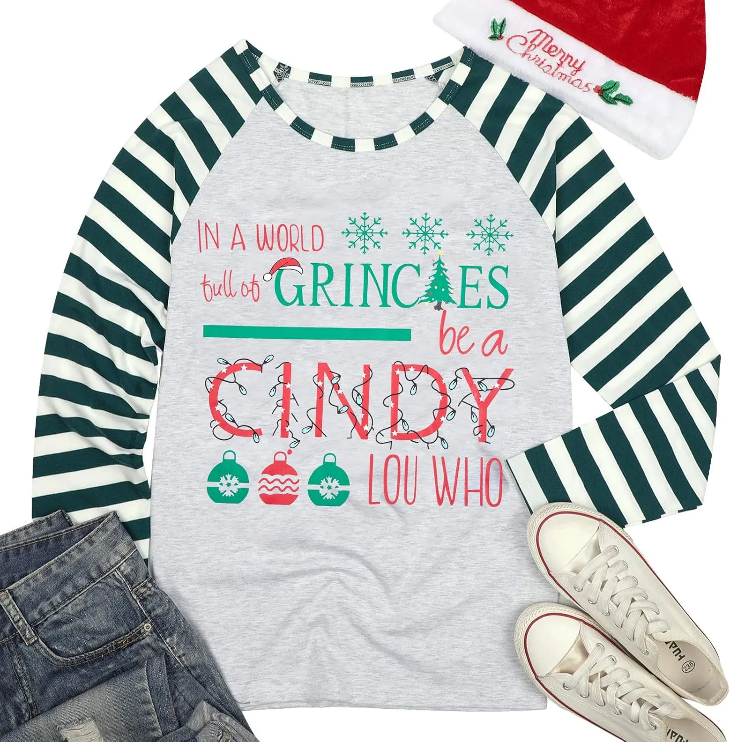 MNLYBABY Be A Cindy Lou Who T-Shirt Tee Christmas Raglan Long Sleeve Tops Splicing Baseball Tees Shirt for Women
