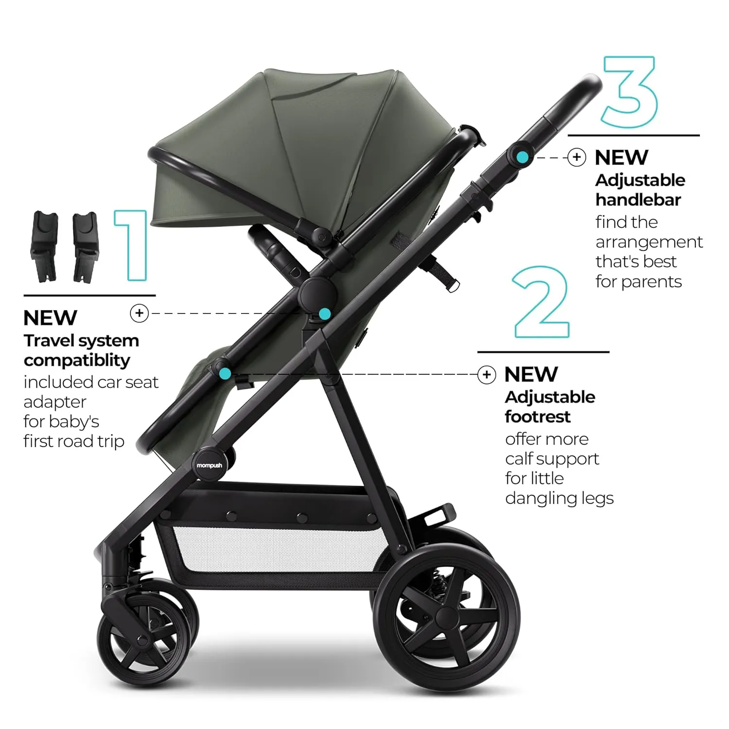 Mompush Meteor2 Baby Stroller 2-in-1 with Bassinet Mode, Compatible with Infant Car Seat Adapter Included, Full-Size Bassinet Strollers for Family Outings