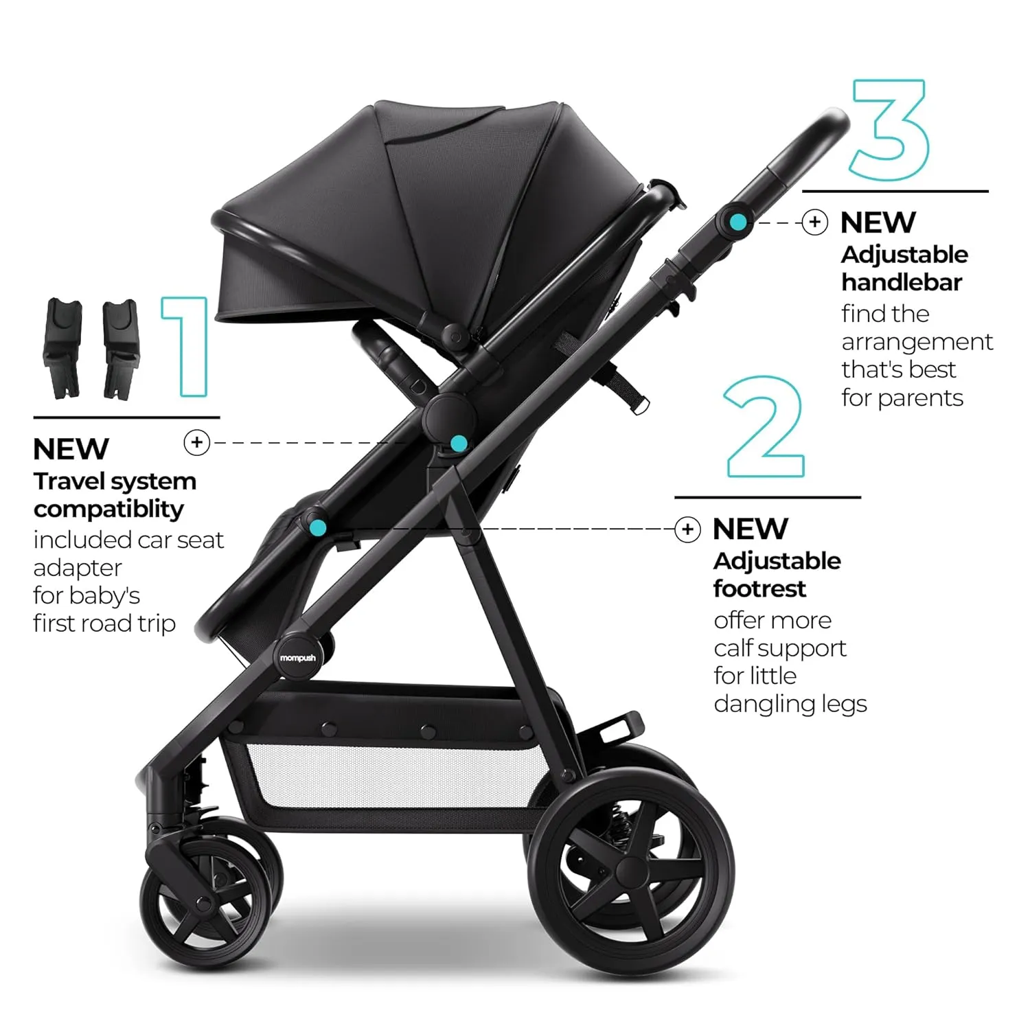 Mompush Meteor2 Baby Stroller 2-in-1 with Bassinet Mode, Compatible with Infant Car Seat Adapter Included, Full-Size Bassinet Strollers for Family Outings
