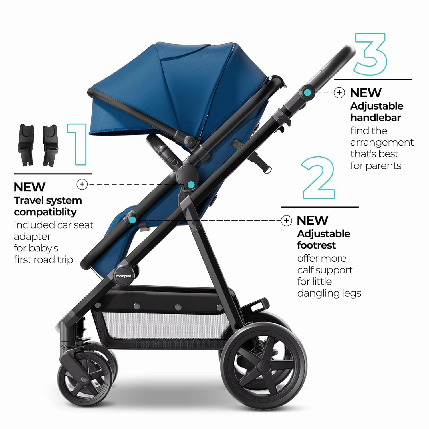 Mompush Meteor2 Baby Stroller 2-in-1 with Bassinet Mode, Compatible with Infant Car Seat Adapter Included, Full-Size Bassinet Strollers for Family Outings