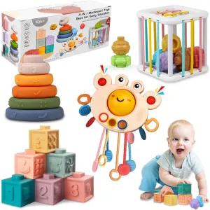 Montessori Baby Toys for Ages 6-18 Months - Pull String Teether,Sensory Shapes Storage Bin,Stacking Building Blocks,Toddler Bath Time Fun,4 in 1 Infants Toy Gifts for 1 2 3 Year Old Boys Girls