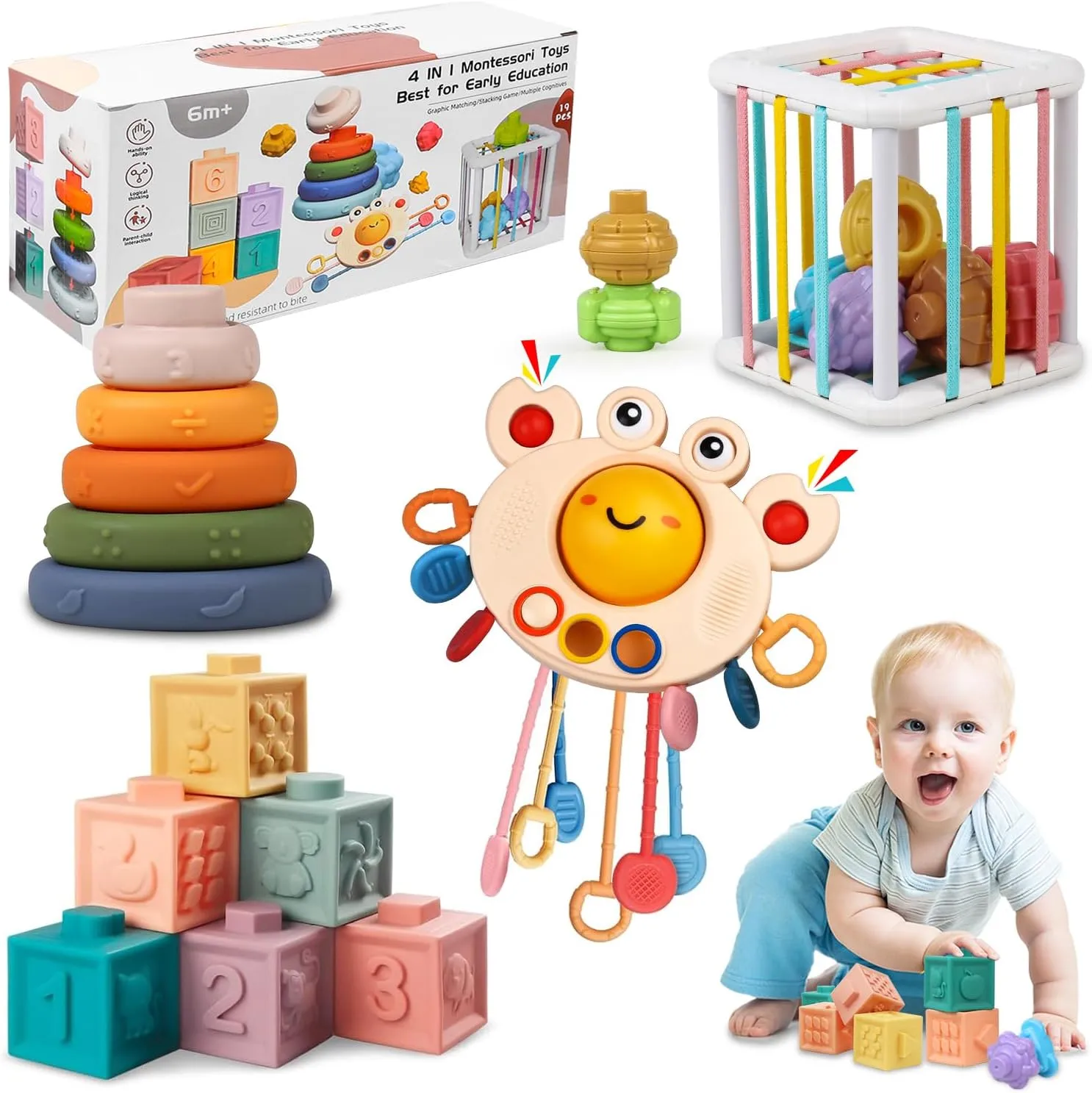 Montessori Baby Toys for Ages 6-18 Months - Pull String Teether,Sensory Shapes Storage Bin,Stacking Building Blocks,Toddler Bath Time Fun,4 in 1 Infants Toy Gifts for 1 2 3 Year Old Boys Girls