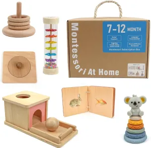 Montessori Toys for Babies 7-12 Months, Learning Educational Set Toys (Includes Wooden Book,Object Permanence Box,Puzzle, Ocean Rain Stick,Stacked Circle with Koala,Wooden Stacker)