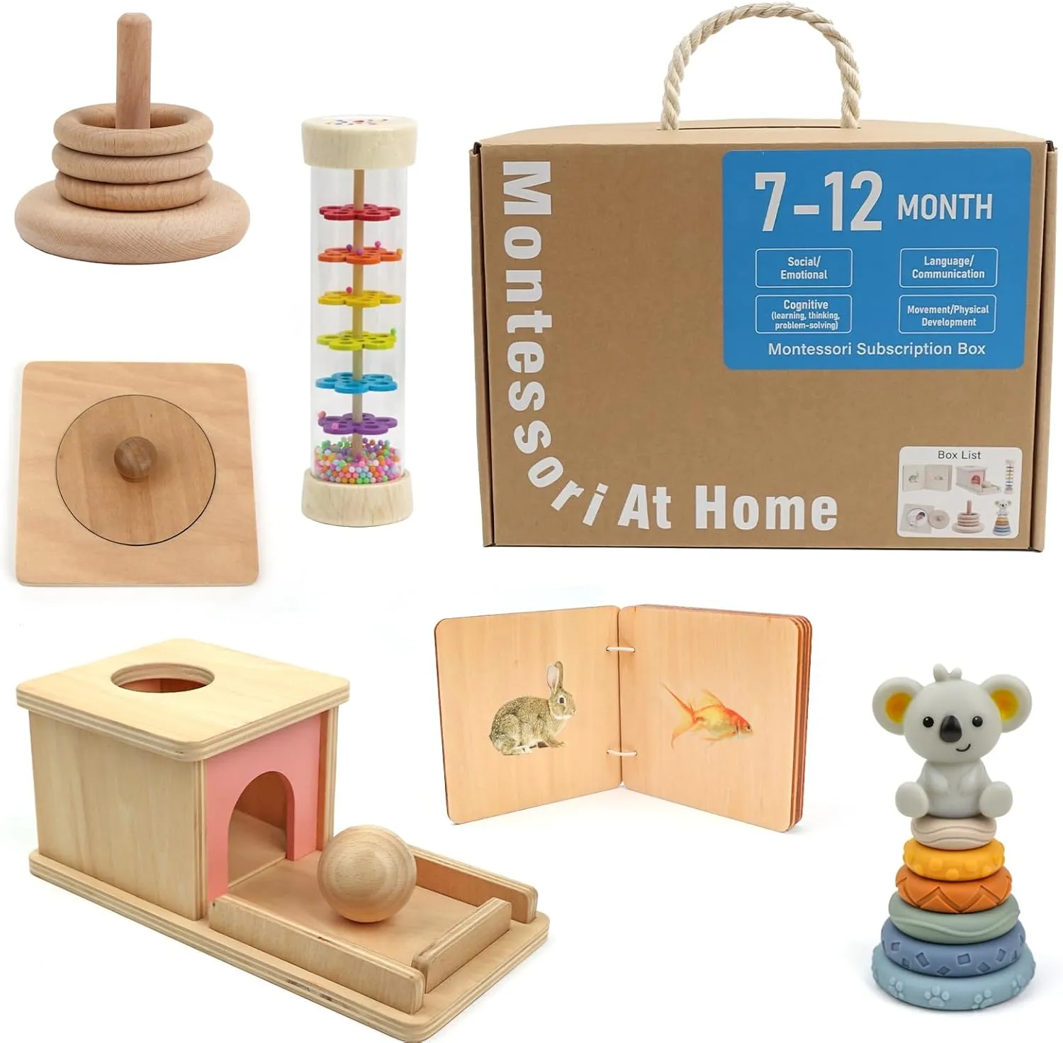 Montessori Toys for Babies 7-12 Months, Learning Educational Set Toys (Includes Wooden Book,Object Permanence Box,Puzzle, Ocean Rain Stick,Stacked Circle with Koala,Wooden Stacker)