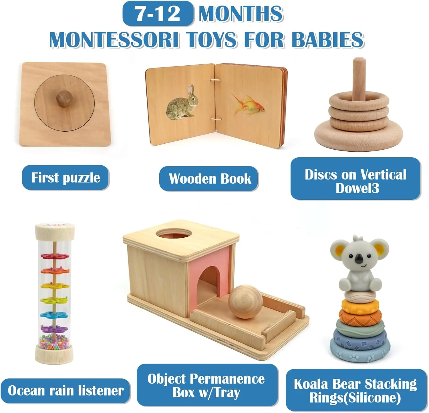 Montessori Toys for Babies 7-12 Months, Learning Educational Set Toys (Includes Wooden Book,Object Permanence Box,Puzzle, Ocean Rain Stick,Stacked Circle with Koala,Wooden Stacker)