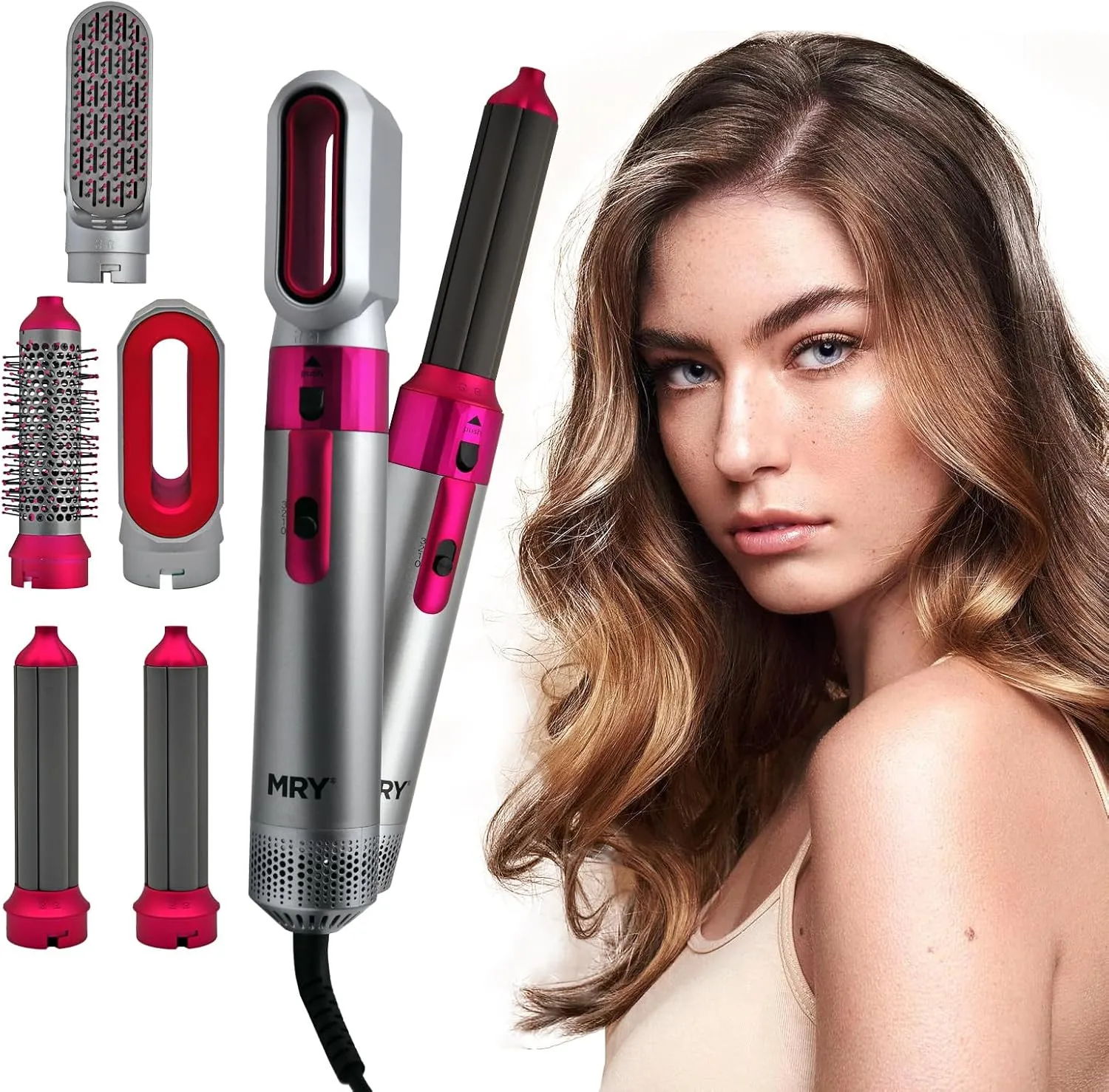 MRY 5-in-1 HOT Air Comb (Rose Red with Sliver Color)