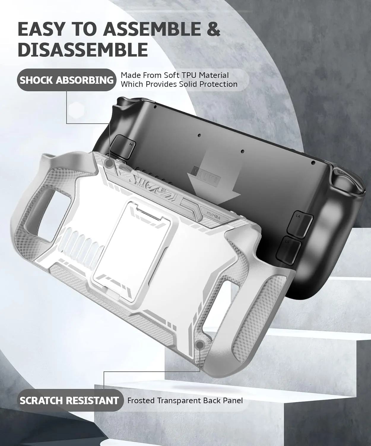 Mumba [Blade Series Case for Steam Deck / Steam Deck OLED with Kickstand, TPU Grip Shock Protective Cover Accessories, Heat Dissipation Friendly, Anti-Slip & Anti-Scratch Protector (Gray)