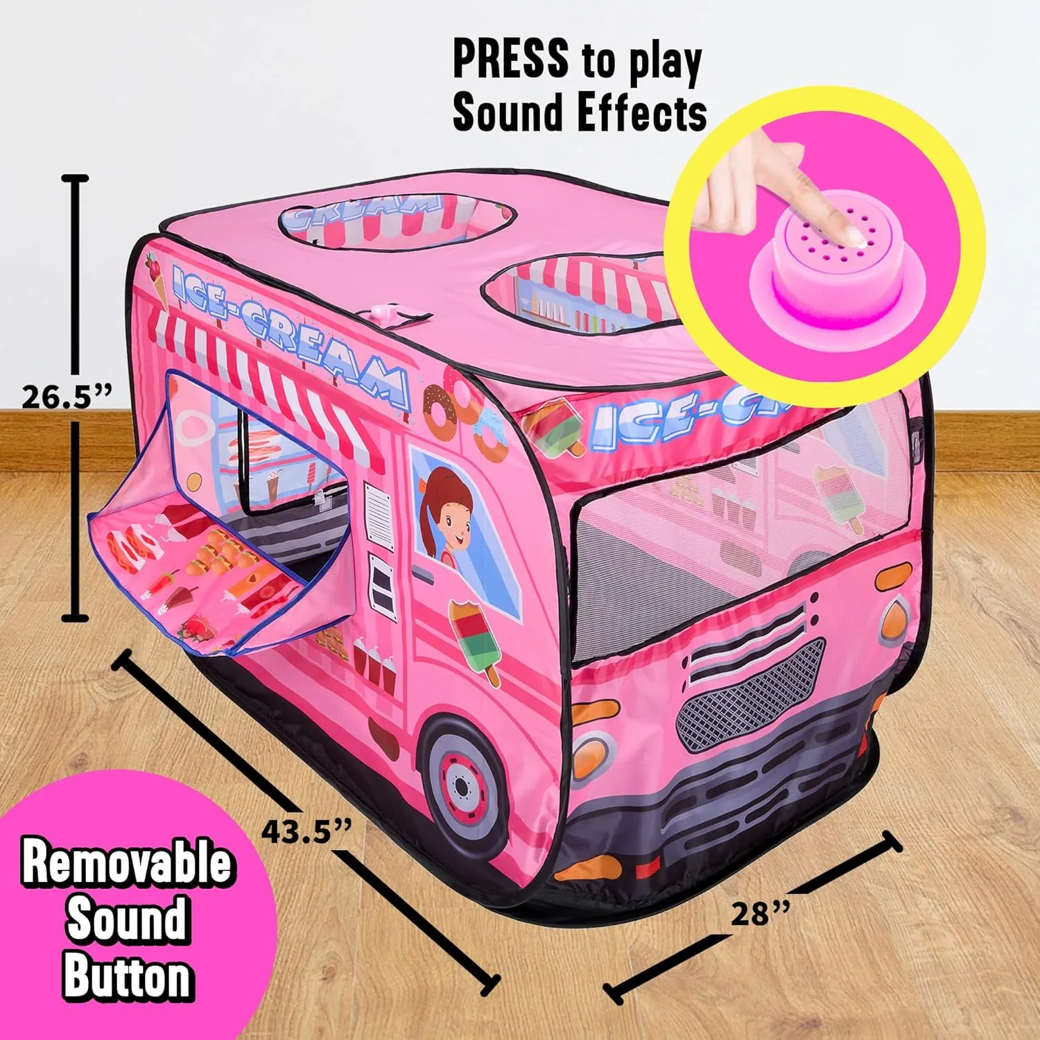 Musical Ice Cream Truck Pop Up Play Tent with 3 Openings - Tent for Toddlers - Indoor & Outdoor - Pop Up Tents for Kids - Includes Carry Bag and Sound Button- 43.5x28x26.5 Inch