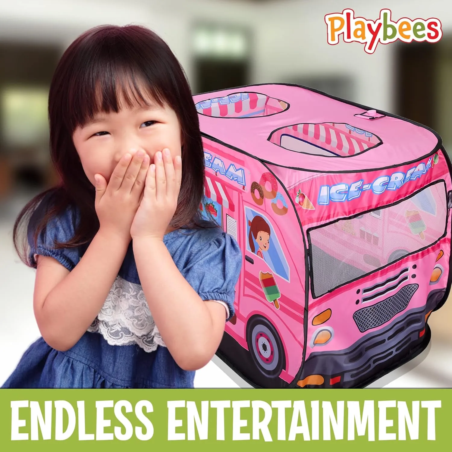 Musical Ice Cream Truck Pop Up Play Tent with 3 Openings - Tent for Toddlers - Indoor & Outdoor - Pop Up Tents for Kids - Includes Carry Bag and Sound Button- 43.5x28x26.5 Inch