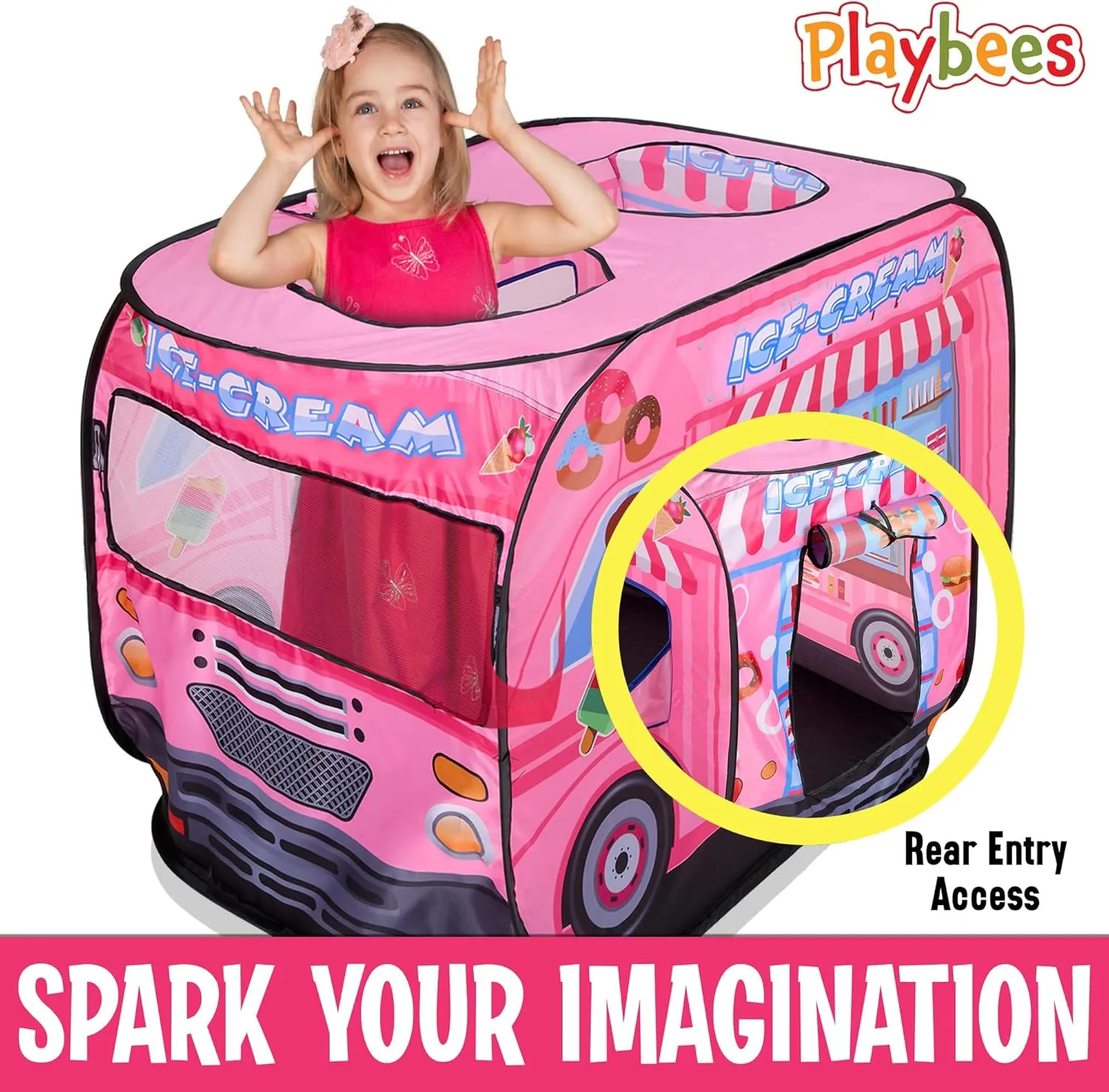 Musical Ice Cream Truck Pop Up Play Tent with 3 Openings - Tent for Toddlers - Indoor & Outdoor - Pop Up Tents for Kids - Includes Carry Bag and Sound Button- 43.5x28x26.5 Inch