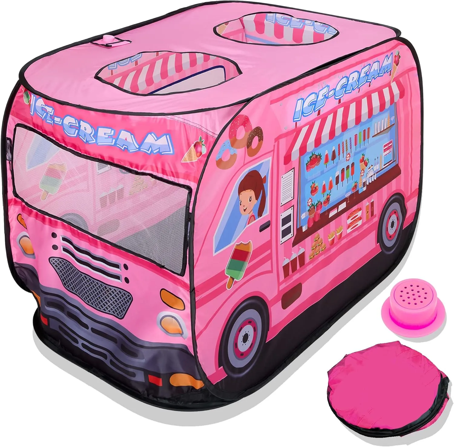 Musical Ice Cream Truck Pop Up Play Tent with 3 Openings - Tent for Toddlers - Indoor & Outdoor - Pop Up Tents for Kids - Includes Carry Bag and Sound Button- 43.5x28x26.5 Inch