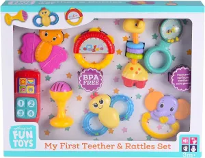 My First Teether & Rattles Set - 8pc Soothing & Chewing Textured Toys, Animal & Music Theme, BPA-Free, Baby & Toddlers 3 Mo 