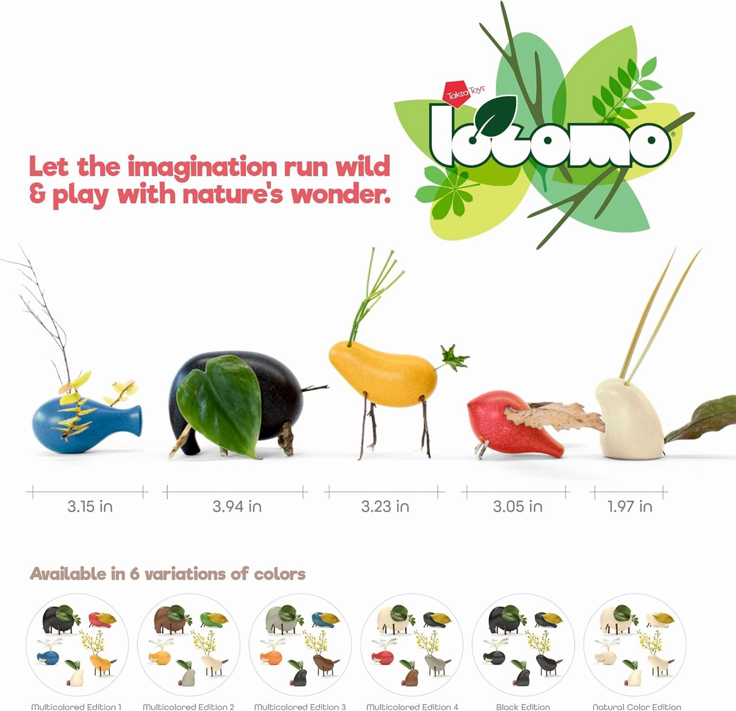 Nature Wooden Toys Locomo Family II Animal Figures Waldorf Open-Ended Educational Outdoor Play for Childs Learning & Creativity, Sensory for Kids 3 4 5 6 7  Year Old, Montessori Toy Gifts (Set of 5)