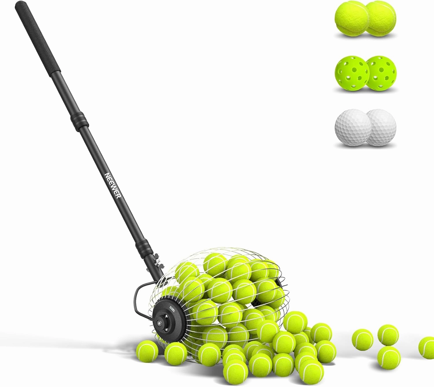 NEEWER Tennis Ball Hopper, 30-58"/77-148cm Telescopic Golf Ball Retriever Pickleball Picker Upper, Rolling Collector Basket Holder Roller for 1.5"-3" Balls, Training Accessories & Equipment, TB01S