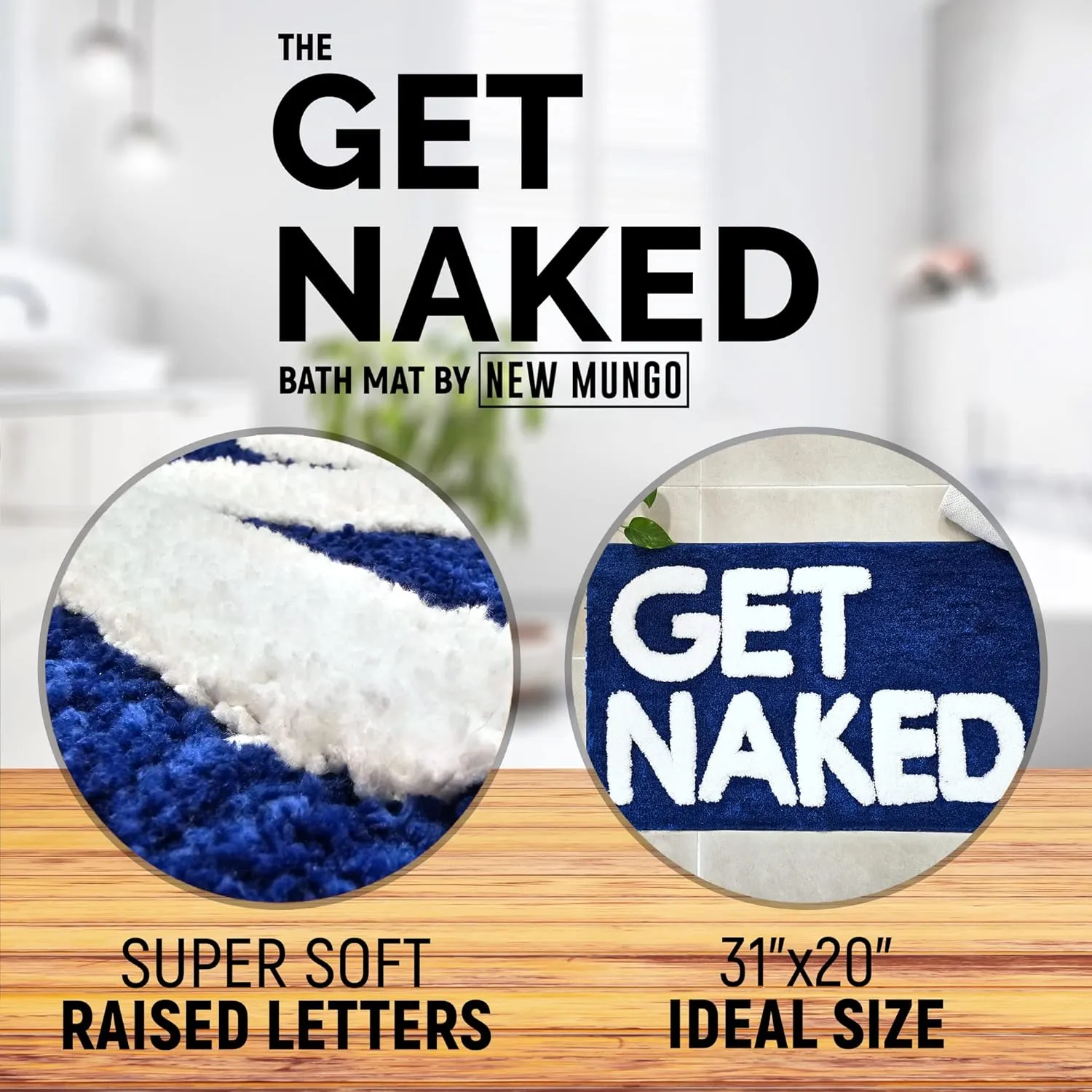 New Mungo Get Naked Bath Mat Blue - Cute Bathroom Rugs, Funny Bath Mat, 31" x 20"