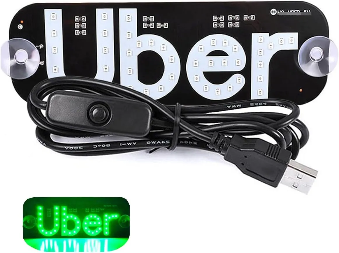 NEW UBER Led Light Signs for Car with USB Plug, Bumper Stickers Taxi Sign Light Windshield, Glow LED Sign Decal Stickers with Suction Cups Flashing Hook on Car Window LED Bright Lights (Green)