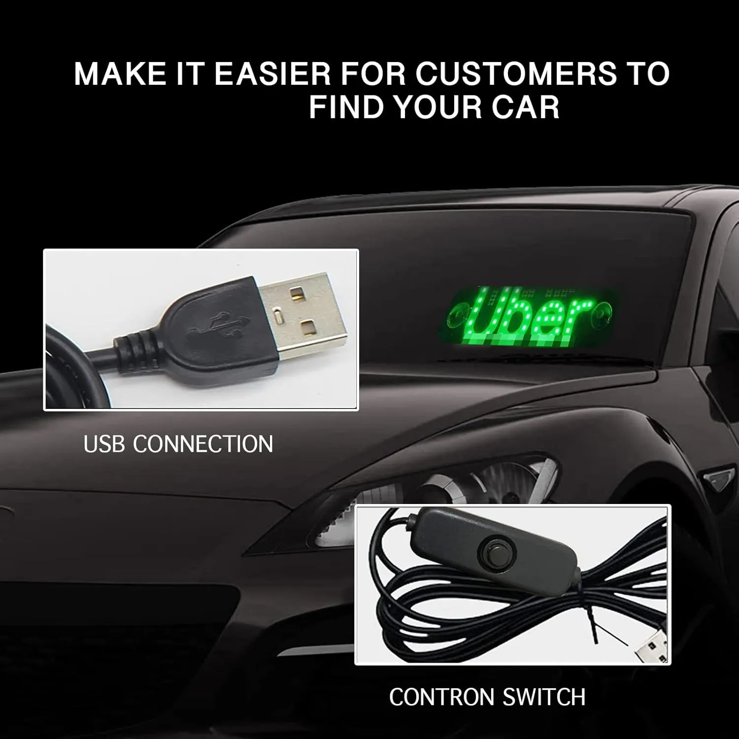 NEW UBER Led Light Signs for Car with USB Plug, Bumper Stickers Taxi Sign Light Windshield, Glow LED Sign Decal Stickers with Suction Cups Flashing Hook on Car Window LED Bright Lights (Green)