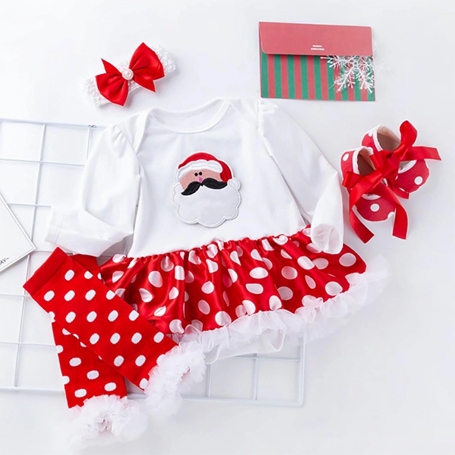 Newborn Baby Girl My First Christmas Outfit Romper Tutu Dress Headband Leg Warmer Shoes 4PCS Holiday Xmas Clothes Set