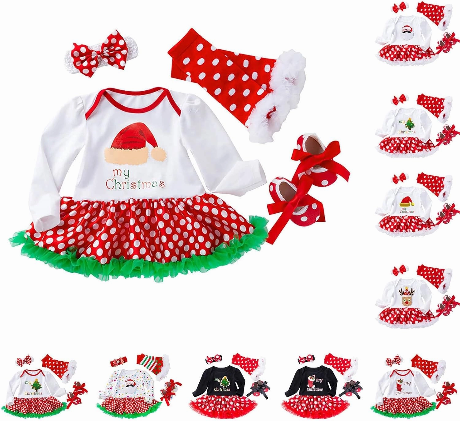 Newborn Baby Girl My First Christmas Outfit Romper Tutu Dress Headband Leg Warmer Shoes 4PCS Holiday Xmas Clothes Set