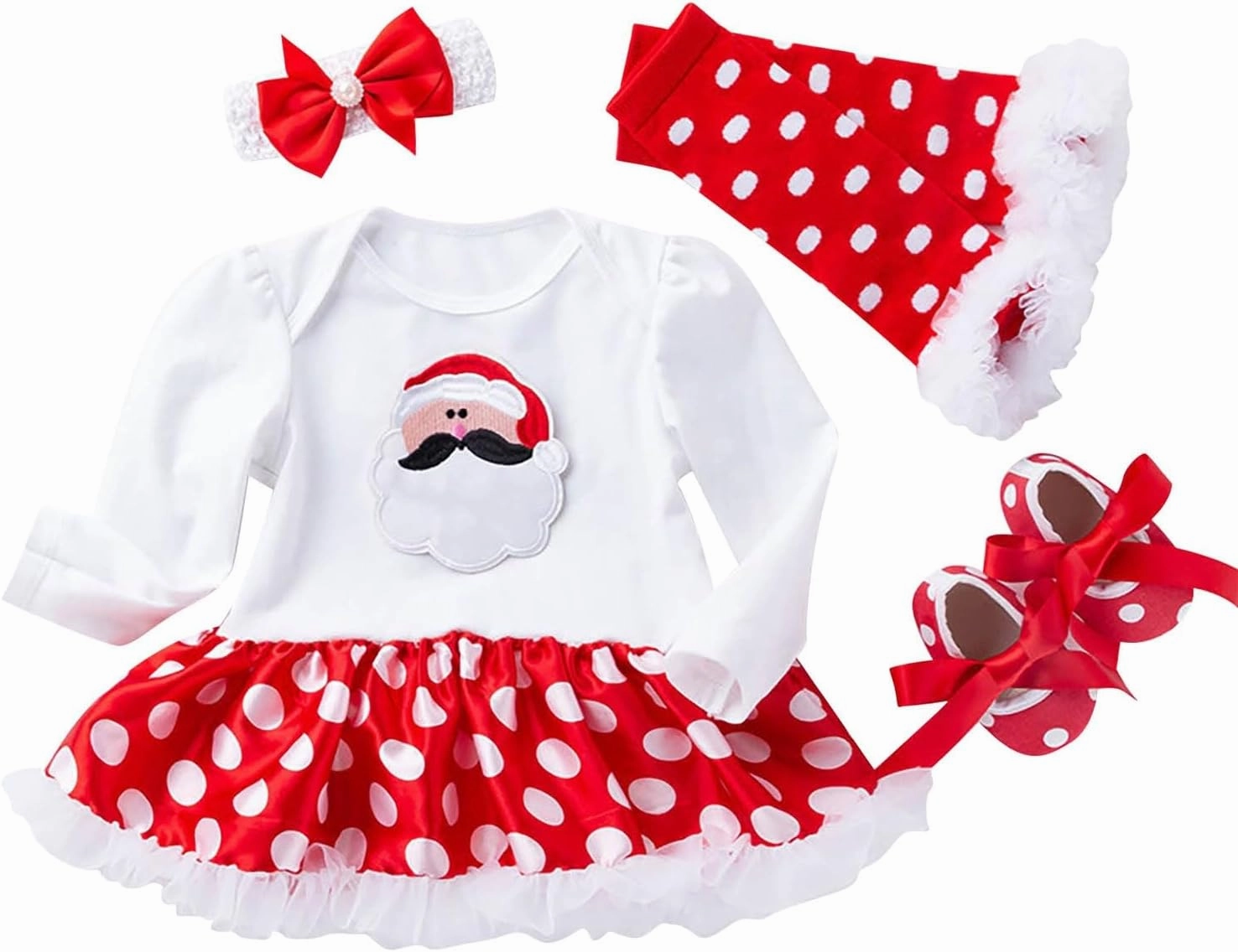 Newborn Baby Girl My First Christmas Outfit Romper Tutu Dress Headband Leg Warmer Shoes 4PCS Holiday Xmas Clothes Set