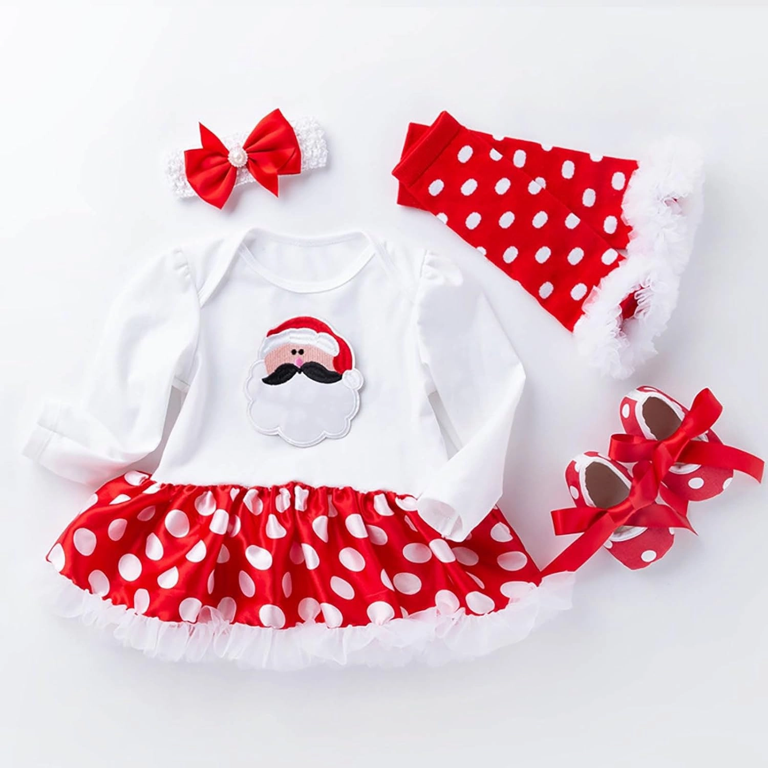 Newborn Baby Girl My First Christmas Outfit Romper Tutu Dress Headband Leg Warmer Shoes 4PCS Holiday Xmas Clothes Set