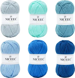 NICEEC 300g Soft Assorted Colors Yarn - Sport Weight,100% Acrylic, 4 Ply, Bonbons Yarn for Crochet & Knit, DIY Project Starter Kit for Kids or Adults(Total 870yds) - Blue Series