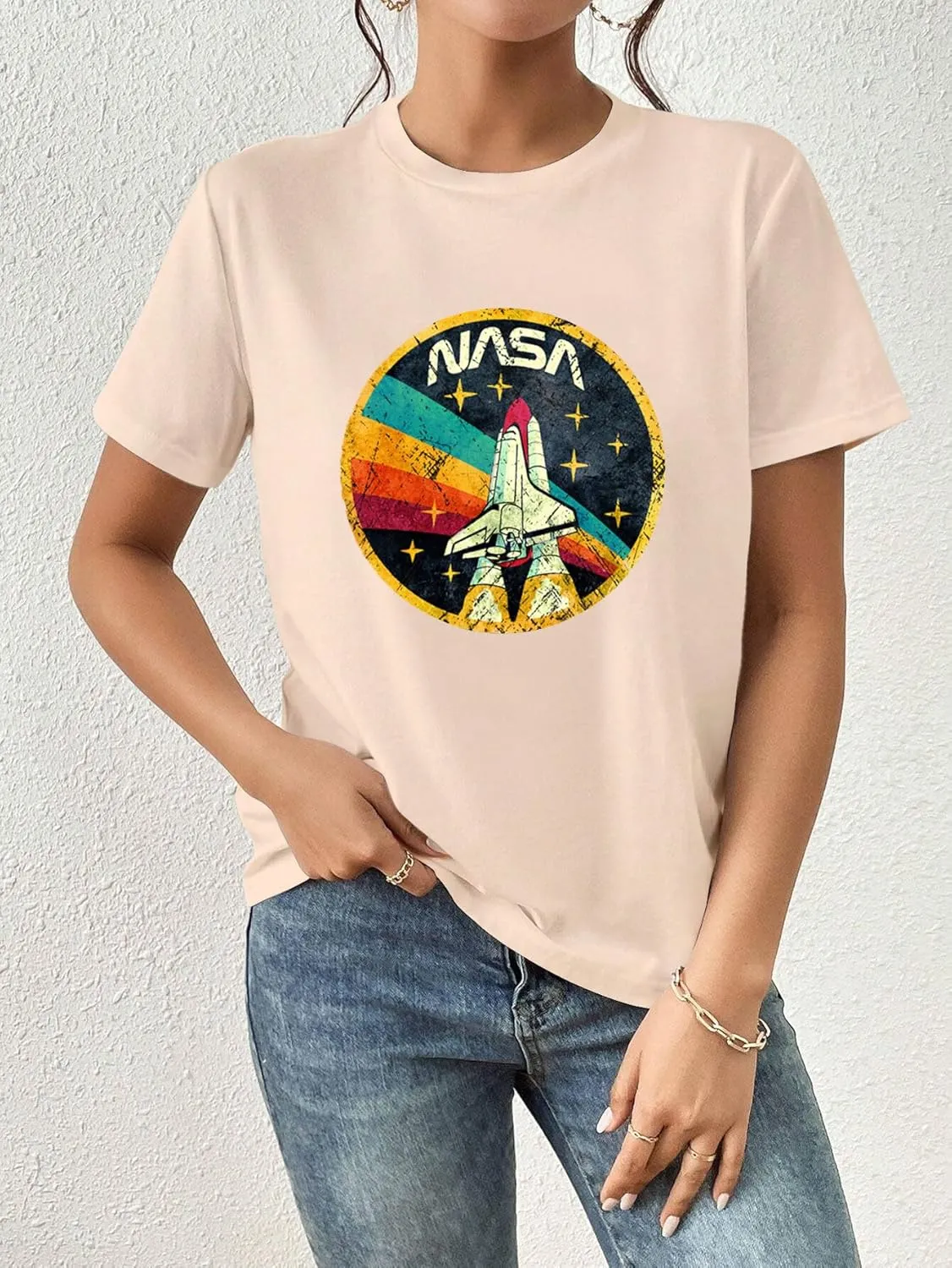 Nicetage Women Vintage Space Shuttle Graphic T-Shirt NASA Letter Print Shirt Casual Tee Tops
