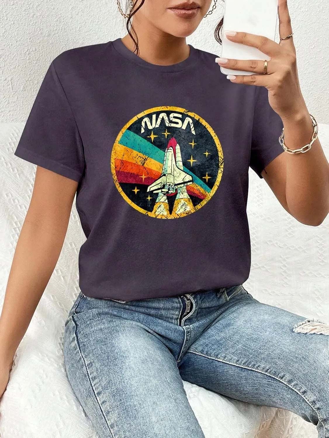 Nicetage Women Vintage Space Shuttle Graphic T-Shirt NASA Letter Print Shirt Casual Tee Tops