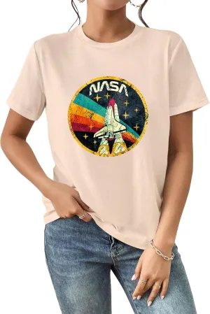 Nicetage Women Vintage Space Shuttle Graphic T-Shirt NASA Letter Print Shirt Casual Tee Tops